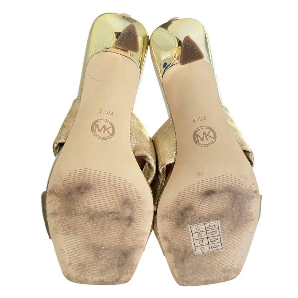 Michael Kors Metallic Gold Knot Bow Mule Heels Square Toe Size 8.5